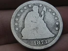 1873 Silver Seated Liberty Quarter- No Arrows, Open 3, About Good Details