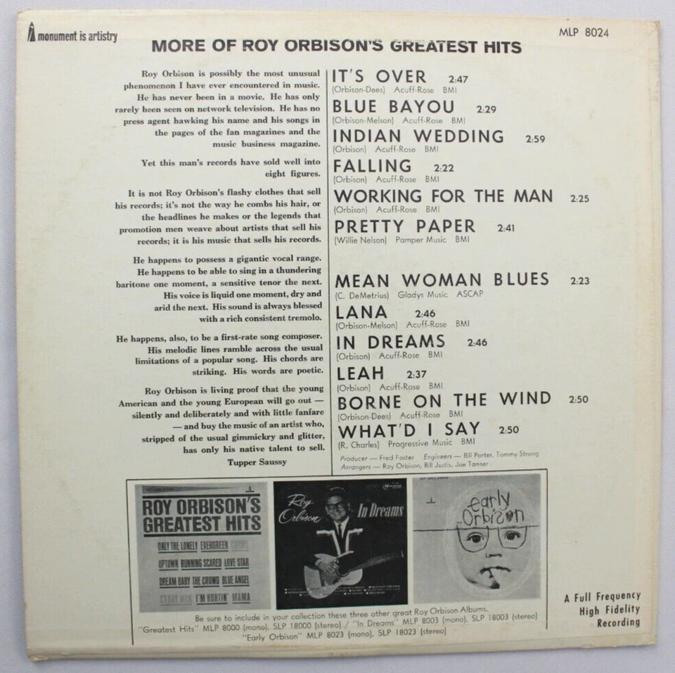 MORE OF ROY ORBISONS GREATEST HITS LP 12" RECORD (MLP-8024) - Image 2 of 2