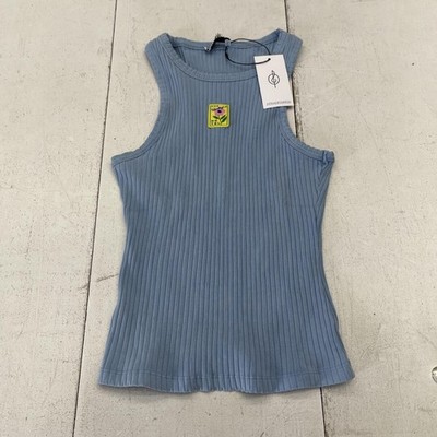 Stradivarius Tank Top Womens Small Blue Ribbed Knit Embroidered Patch Stretch