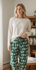 Hanna Andersson PJ Pajama Lounge Pants XXS Green Flannel Christmas Trees Womens