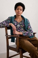 Seasalt Women's Regular Misty Sky Organic Cotton Shirt Woodblock Bloom Maritime