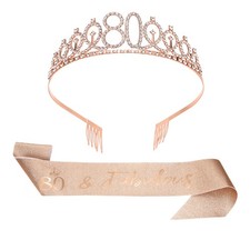 Birthday Crown and Sash 80th Birthday Sash for Women Rhinestone Tiara Rose Gold