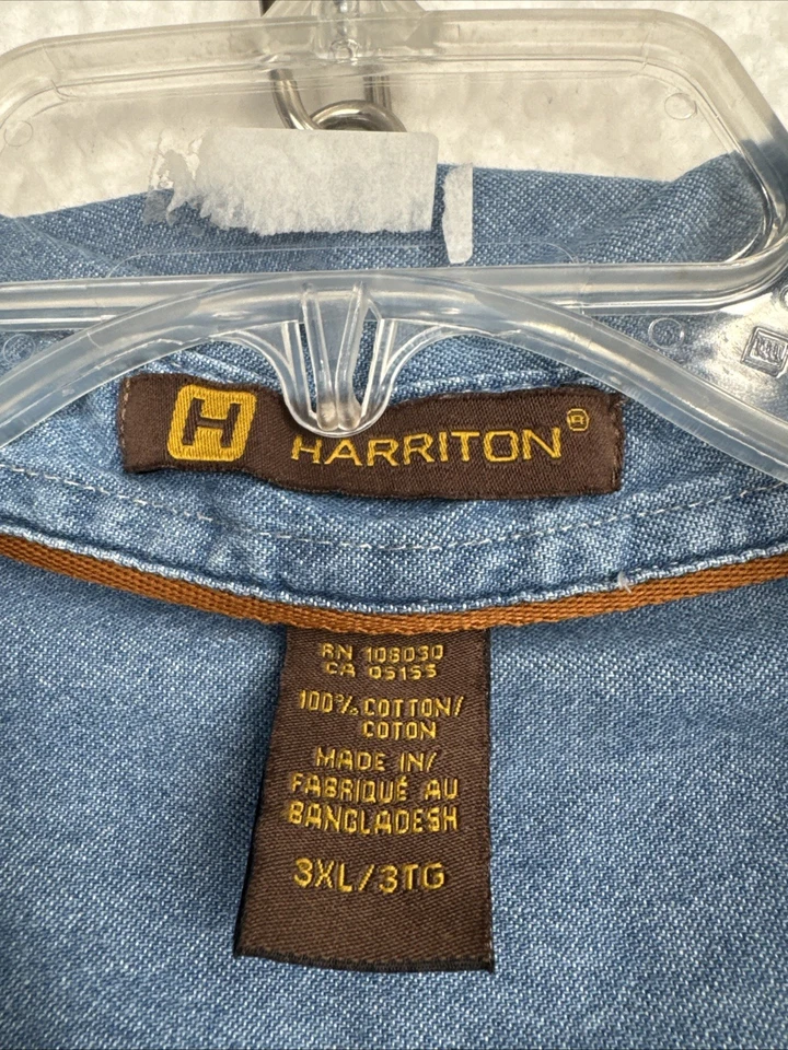 Harriton Chambray рубашка мужская 3XL /TG синий джинсовой ткани на пуговицах длинным рукавом карманы - Изображение 2 из 4