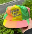 VTG 80s Panama Jack snapback hat with neon green and yellow stripes, white “Panama Jack” text, and USA Made label.