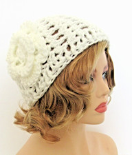 CLASSIC BOHO BEANIE HAT CAP WHITE MESH OPEN WEAVE FLOWER HANDMADE CROCHET