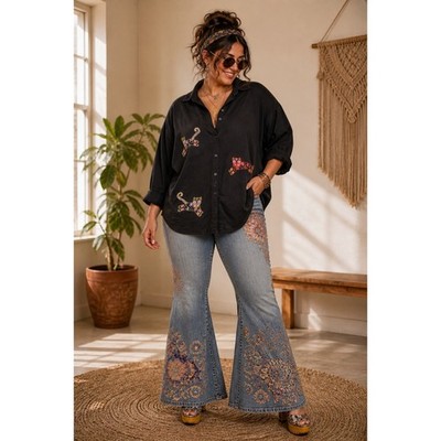Boho Artsy Funky Casey Coleman Black Cotton Embroidered Cat Button Up 2X Top