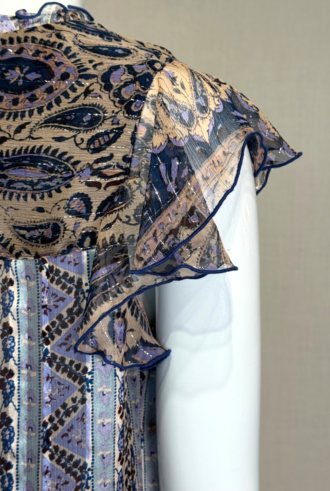 Spring 2011 Anna Sui Sheer SILK Cap Sleeve Blouse Size 8, Metallic Paisley NWT