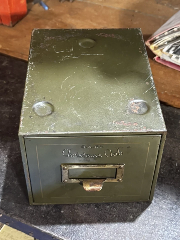 VINTAGE 1920'S O.A. CO. CHRISTMAS CLUB METAL CARD CATALOG FILE CABINET Green - Image 3 of 4