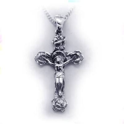 Crossing Jesus Christ with Roses Sterling Silver Pendant