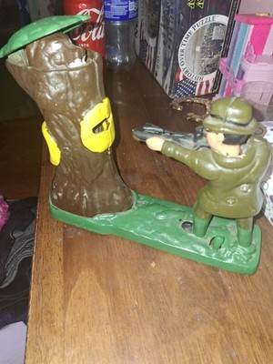 Vintage Cast Iron Hunter Shooting A Bear Coin Bank