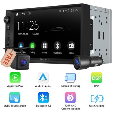 Car Stereo Wireless CarPlay Double DIN 7'' QLED Android Auto Sat Nav Touch Screen