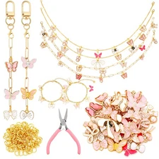 91 Pcs Pink Bow Enamel Flat Charms Jewelry Making Kit Gold Keychain Making Ki...