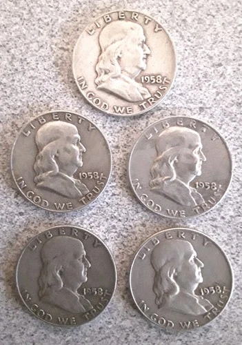 Lot of (5) Ben Franklin 90% SILVER Half Dollars 1958 D Good Details Circulated