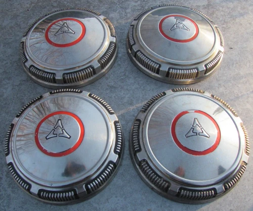 1969 - 1973 DODGE DOG DISH PIE PLATE HUB CAP COVER RED LINE SET ORIGINAL OEM