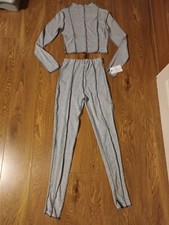 Ladies Grey Ribbed Knitted Lounge Suit Coord Cropped High Neck Leggings BNWT S/M