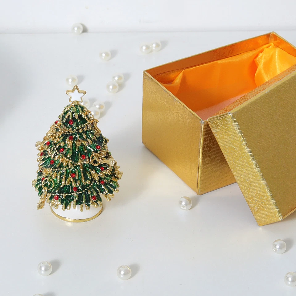 Christmas Tree Trinket Box Hinged Rhinestone Jeweled Colorful Enamel Ring Box - Image 3 of 4