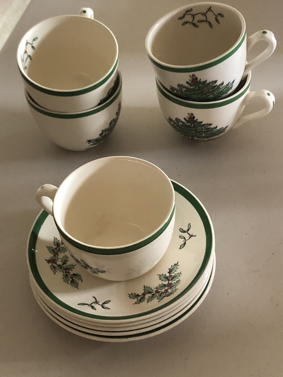 VTG SPODE CHRISTMAS TREE SET OF 5 CUPS WITH SAUCERS S3324-AO 8 OZ