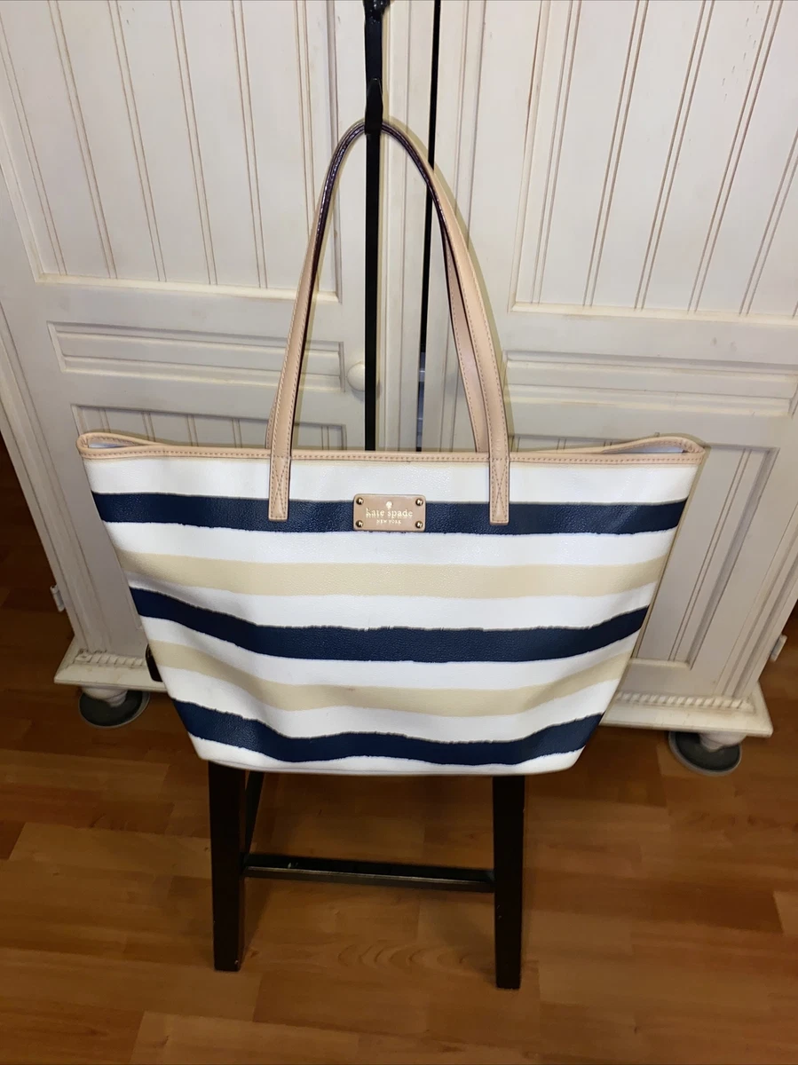 Kate Spade Bondi Road Striped Harmony Tote Tan Cream navy striped Large Sz