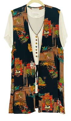 Vintage 1990s novelty print blouse vest set short sleeve rayon top shirt black M - Image 1 of 4