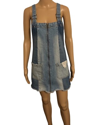 distressed denim overall dress Upcycled Denim Patchwork Overall Dress-XS/S