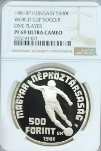 1981 HUNGARY SILVER 500 FORINT FIFA WORLD CUP NGC PF 69 ULTRA CAMEO SCARCE COIN