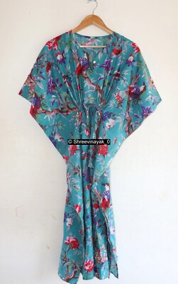 Indian Aqua Long Bird Print Cotton Hippie Maxi Women Nightwear Caftan Dress