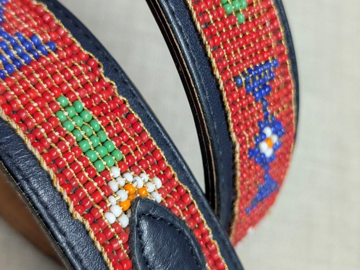 VINTAGE LEATHER NATIVE INSPIRED BELT BEADS & DECORATIVE METAL TIP & BUCKLE SZ L 3D Belt Men main image 3