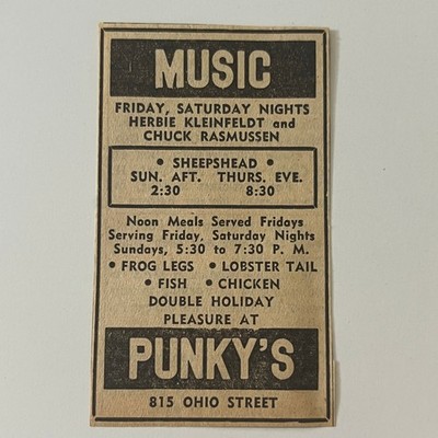 Punky's Music Double Holiday Pleasure FIsh Chicken 1960 Oshkosh WI Ad SAH3-M12