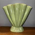 Vintage Red Wing Gladiola Vase #416 Earth Tone Green with Buttery Yellow inside