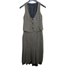 Dark Academia Tweed Vest and Skirt Set Small Pleated Lace Trim Midi Size Retro