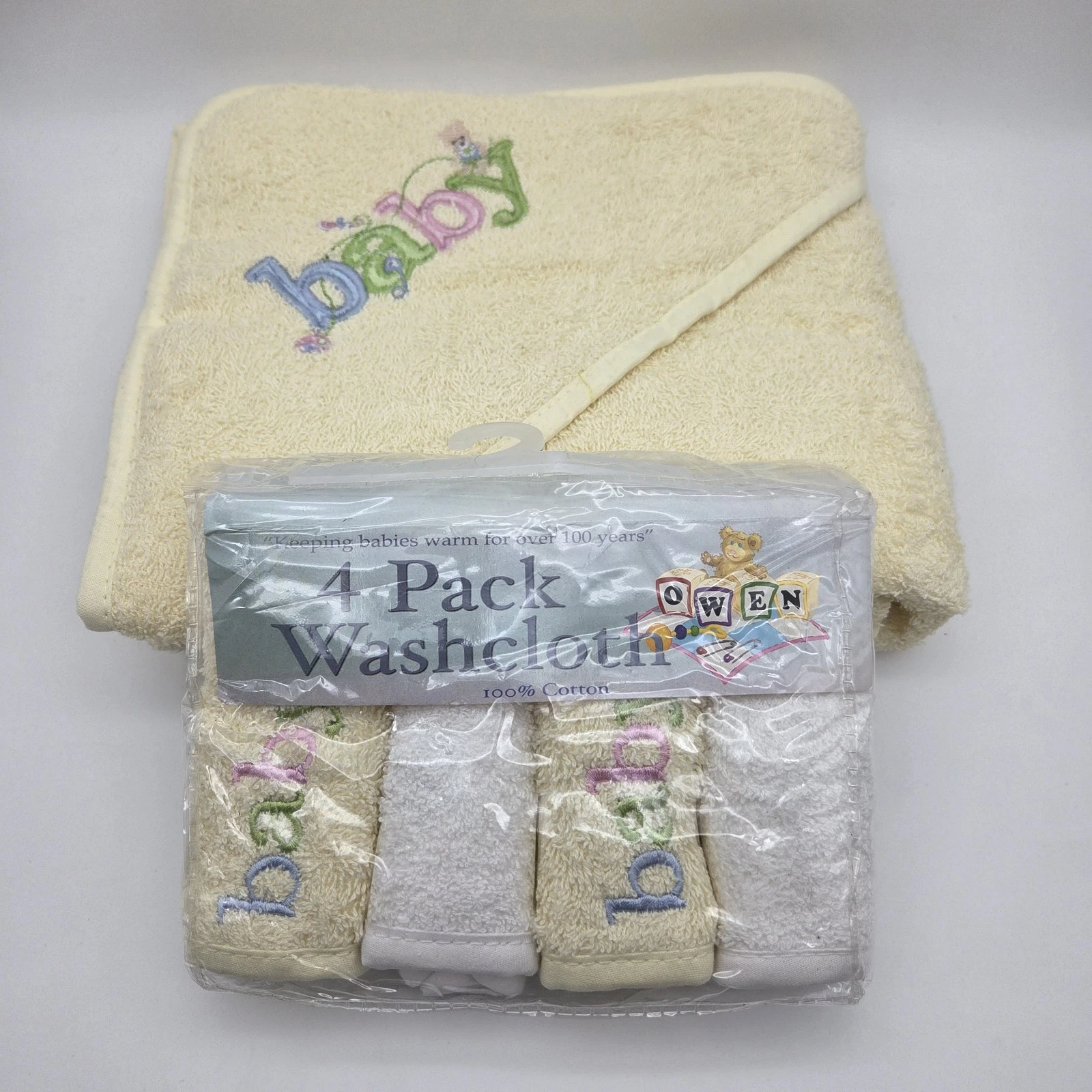 Vintage OWEN Baby Embroidered Hooded Towel and Washcloth Set 100% Cotton Unisex
Opens in a new windo