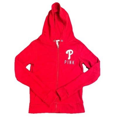 Phillies 5TH&OCEAN/VSPINK Collab Red&white Zip Up Hoodie Logo Sequins Women's XS