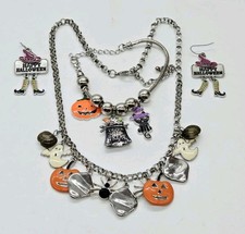 Halloween Charm Necklace Bracelet earring Set 3pc Orange Black Silver tone