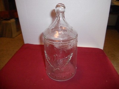 Vintage Clear Embossed Glass American Eagle Stars Lidded Apothecary Candy Jar