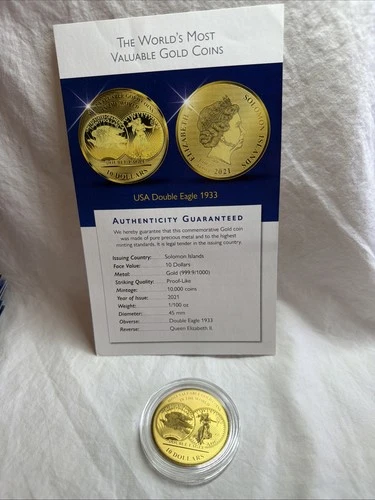 10 Dollar Solomon Inseln 1/100 Oz Gold 24ct 999 USA Double Eagle 1933 Coin COA