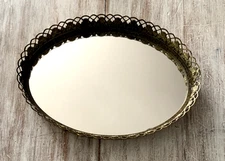 Vtg Oval Filigree Mirrored Vanity Tray Gold Tone Roses Hollywood Regency 9x12"