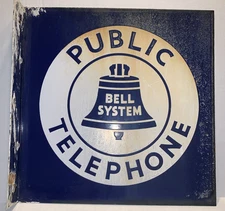 Vintage Bell System Public Telephone 2-Sided Metal Payphone Sign 18” Flange
