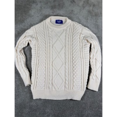 Aelfric Eden Mens Cream Cable Knit Sweater Fisherman Crew Neck Pullover Large