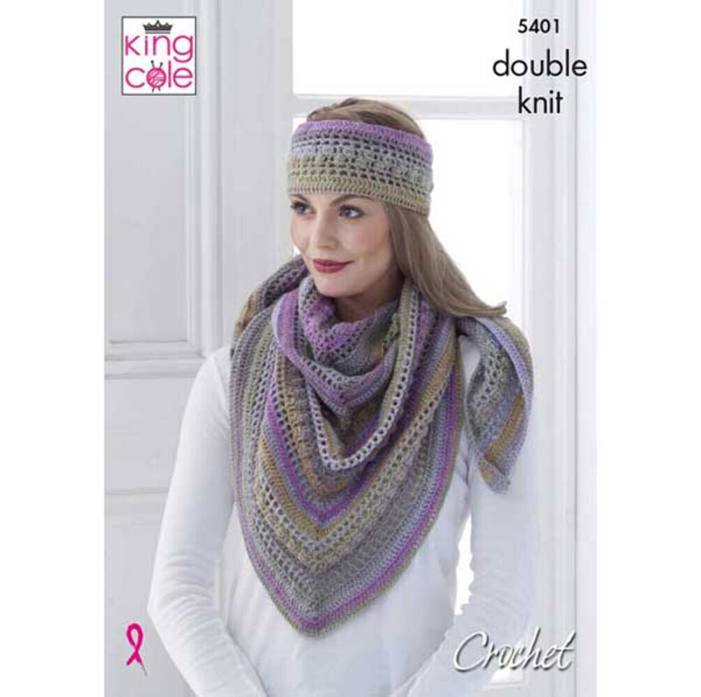 King Cole Shawl, Hat Cowl & Headband Crochet Pattern 5401 - Double Knit
