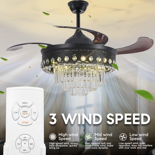 42" Retractable Ceiling Fan Light Crystal LED Chandelier Remote 3-Speeds 3-Color