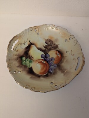Vtg Enesco Pierced Handle Plate-Hand Painted Gold Trim E2369-Made in Japan VGC