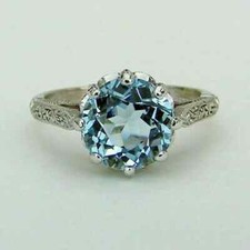 2Ct Round Cut Aquamarine Solitaire Women's Engagement Ring 14K White Gold Finish