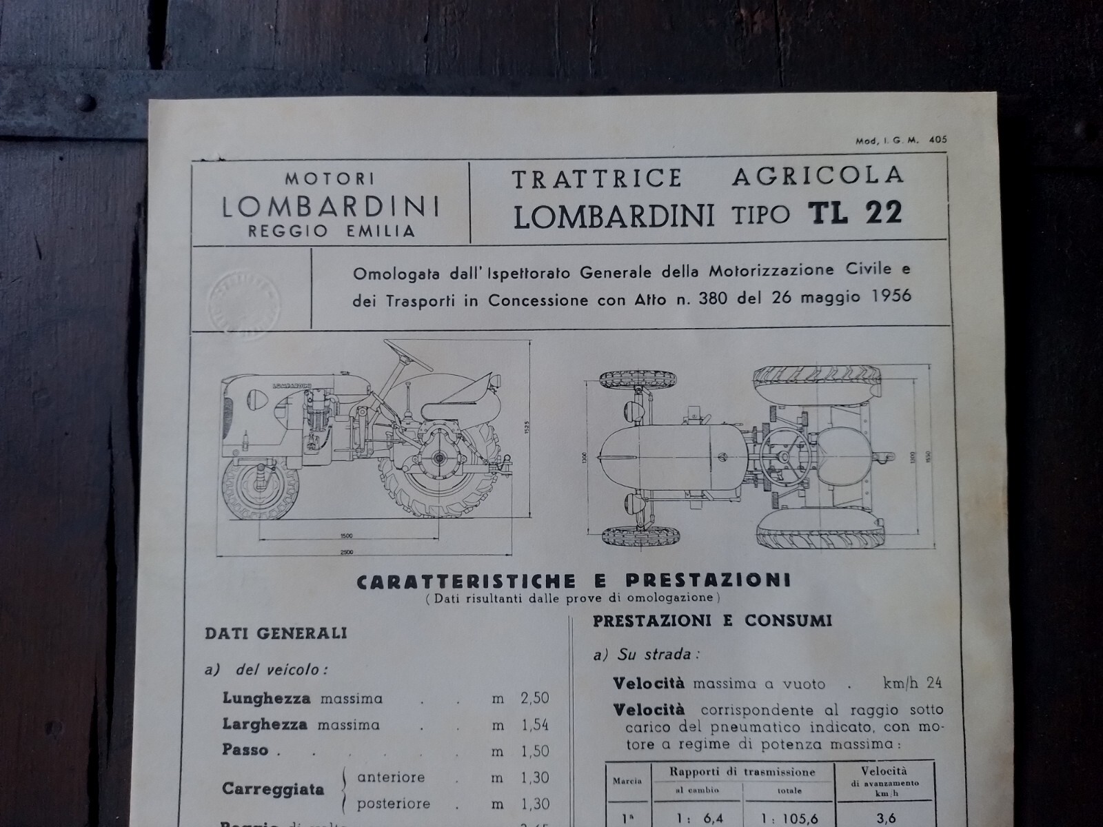 SCHEDA OMOLOGAZIONE TRATTRICE LOMBARDINI TL 22 originale dell'epoca 1956