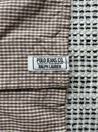 VINTAGE Ralph Lauren Polo Jeans Co Mens Medium Brown Ivory Check Button Up Shirt - Picture 19 of 22