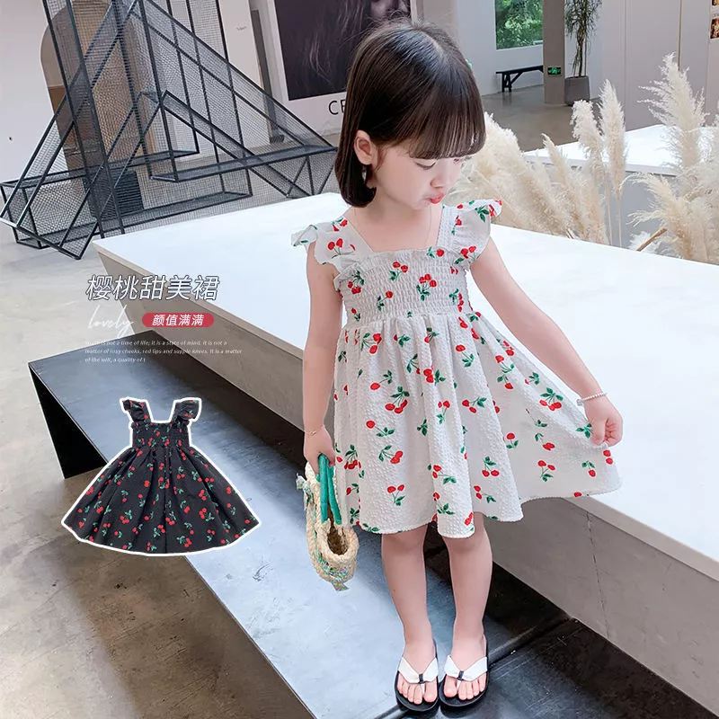 2023 Newly Kids Girls Black and White Flower Pattern Short Sleeve Dresses