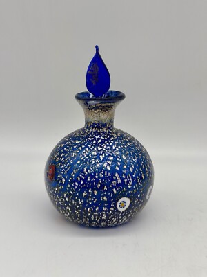 Cobalt Blue Hand Blown Glass Perfume W/Stopper Millefiori Silver Fleck Art Glass