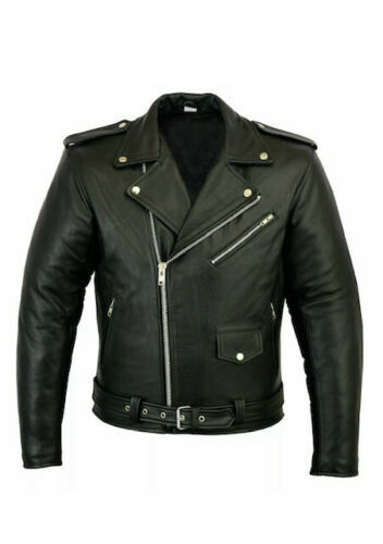 Mens Brando Genuine Leather Jacket Motorcycle Perfecto Black Marlon Biker Jacket