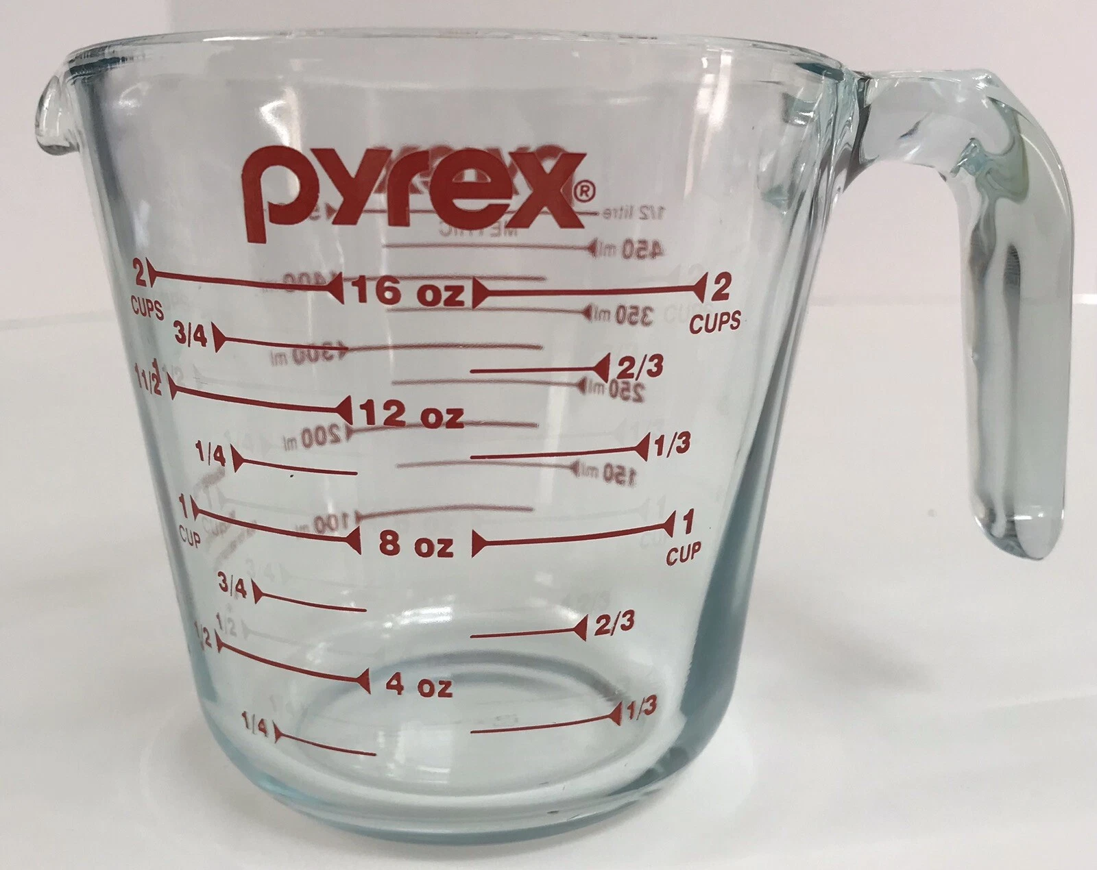 Pyrex 2 Cup Measuring Cup Clear Glass Red Lettering Standard Measures Handle USA
