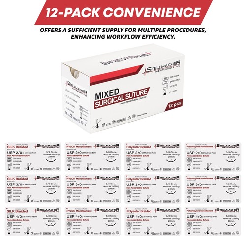 12 Pcs Mixed Sterile Sutures Thread with Needle Non Absorbable Practice Sutures - Picture 2 of 4