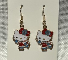 Gold Hello Kitty Skating Christmas Enamel Drop Dangle Adorable Earring Set